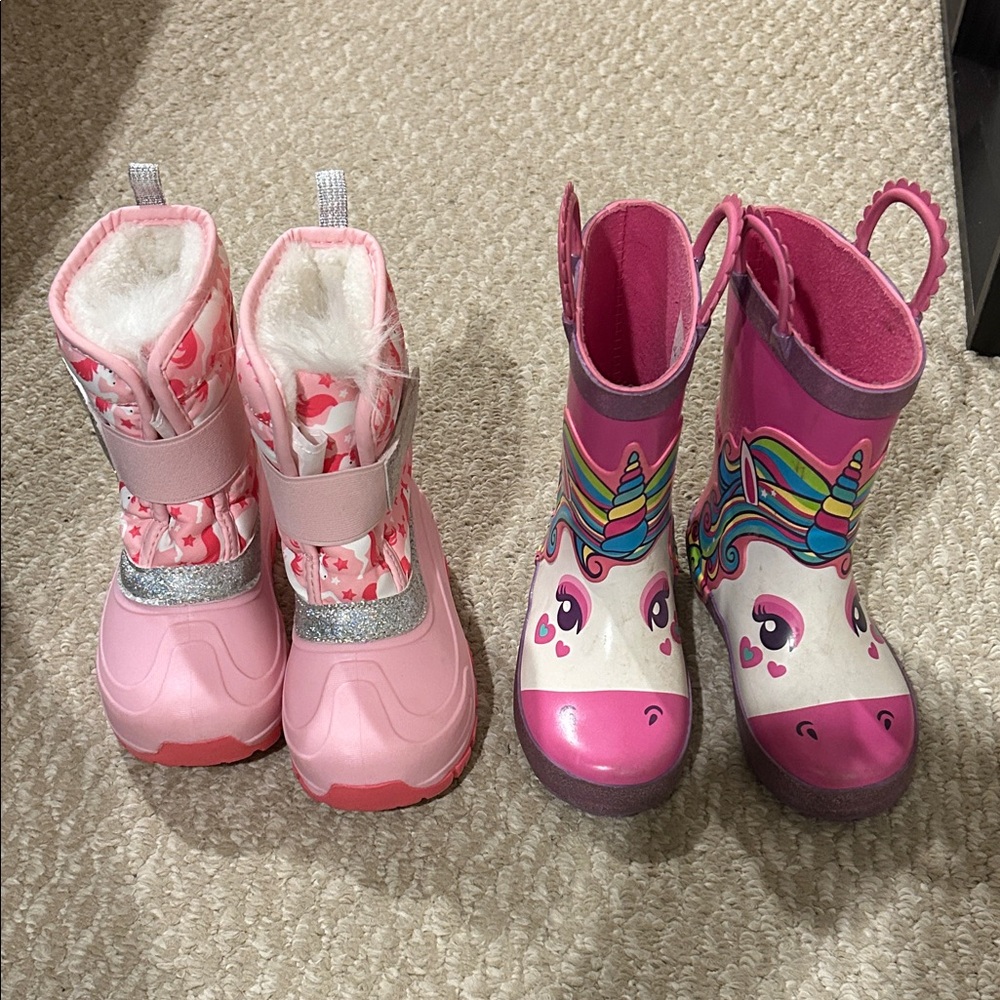 Pink Unicorn and Floral Kids Boots set: size 9/10 rain boots and snow boots.